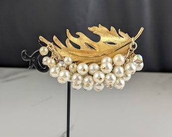 Lovely Vintage Gold-tone Faux Pearl Leaf Brooch by BSK Jewellery