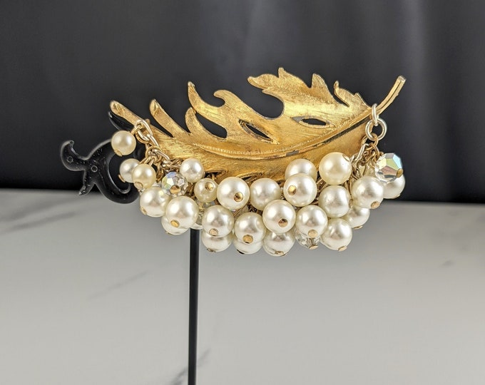 Lovely Vintage Gold-tone Faux Pearl Leaf Brooch by BSK Jewellery