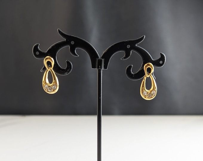 Lovely Vintage Gold tone Dangle Rhinestones Push Back Studs Earrings