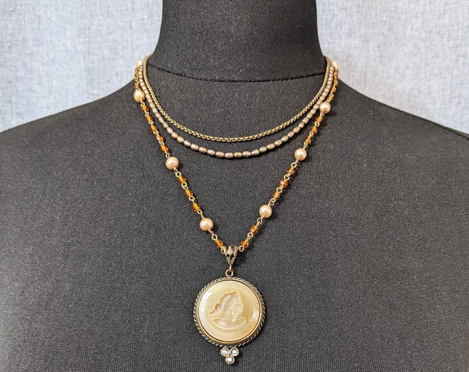 Vintage Pearl Butterscotch intaglio pendant Necklace by Extasia Jewellery