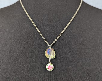 Lovely Vintage Chain Art Glass Rose Guilloché Little Pendant Delicate Necklace