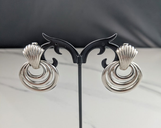 Lovely Vintage Silver-tone Dangles Hoop Clip Earrings by Trifari Jewellery