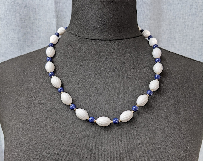 Lovely  Vintage White and Blue Beaded Necklace  by Monet Jewellery