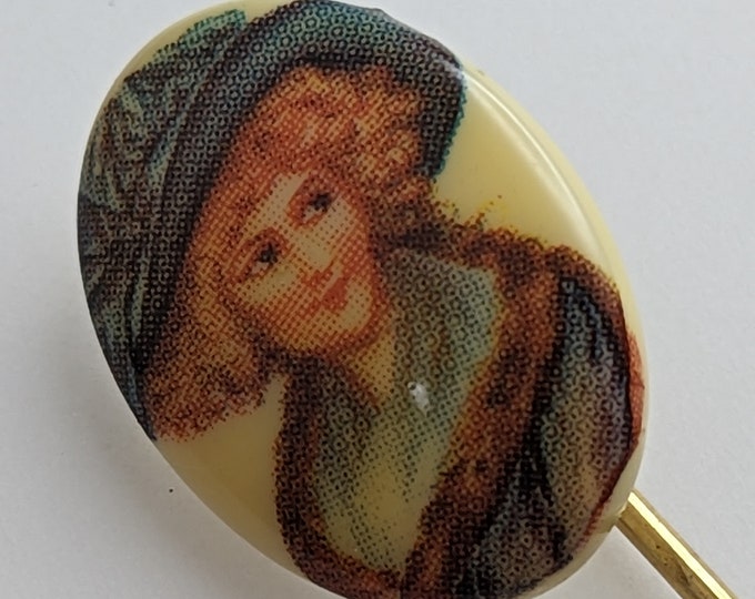 Lovely Vintage Jewellery Miniature Portrait of a Lady in a Hat  Needle Pin Brooch