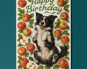 Apple Border Collie dog - Fruity Friends Collection - Happy Birthday Card - Funny Animals  - Premium Greeting Card Envelope - Personalised