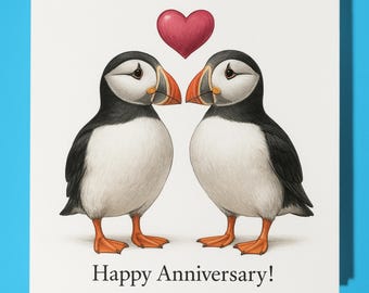 Animal Hugs Collection - The Love Puffins -  Happy Anniversary Card - Premium Greeting Card & Envelope - Personalised card - Couple Husband