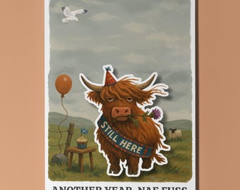 Highland Scottish Cow - Pop 3D Collection - Another year Nae Fuss - Birthday Card Funny Animal Premium Greeting Card Envelope Personalised