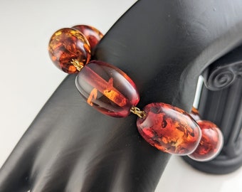 Lovely  Vintage Jewellery Cognac Brown Crackle Lucite Beads Bracelet