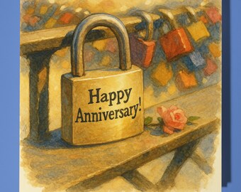 Bridge Lock and Rose Happy Anniversary Card - Funny card - Premium Greeting Card & Envelope - Personalised card - Wife Husband Friend Family