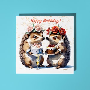 Bolos de ouriços artesanais e vinho espumante com bolhas Cartão de feliz aniversário Cartão engraçado de animais Amantes de animais Cartão de felicitações premium Envelope