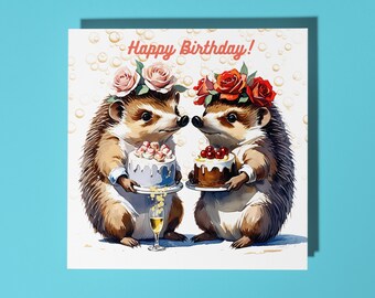 Handmade Hedgehogs cakes and sparkling wine with bubbles Happy Birthday Card Funny Animal Card Animal Lovers Premium Greeting Card Envelope