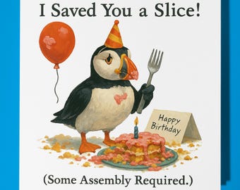 Puffin eating cake Happy Birthday Card - Funny Animal - Premium Greeting Card Envelope - Personalised Birthday - funny card - sister friend