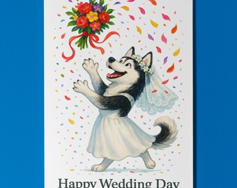 Dog Breeds Collection - Bouquet bliss - Husky Dog Happy Wedding Day Card - Funny Animal -Premium Greeting Card Envelope - Personalised card