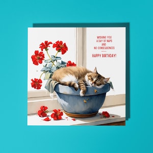 Handgemaakte kat slaapt op geranium Ik wens je een dutje Fijne verjaardagskaart grappige dierenkaart Dierenliefhebbers Premium wenskaart Envelop