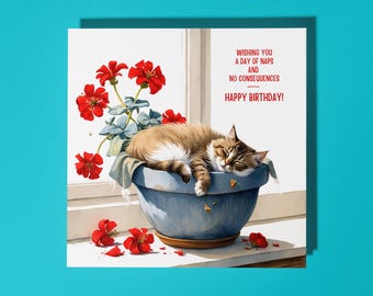 Handmade Cat Sleeps on Geranium Wishing you a Day of Nap Happy Birthday Card Funny Animal Card Animal Lovers Premium Greeting Card  Envelope