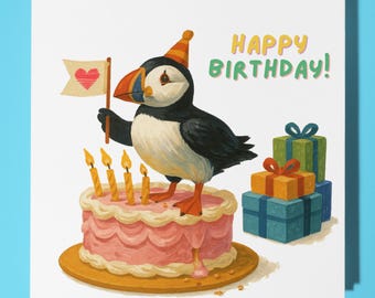 Puffin and Cake Happy Birthday Card - Funny Animal - Premium Greeting Card Envelope - Personalised Birthday - funny card - sister friend dad