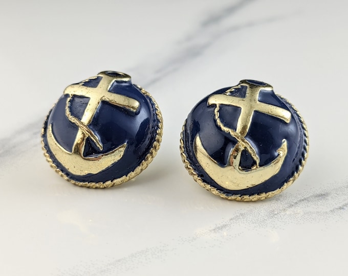 Lovely Vintage Jewellery Gold-tone Anchor Blue Enamel Stud Earrings