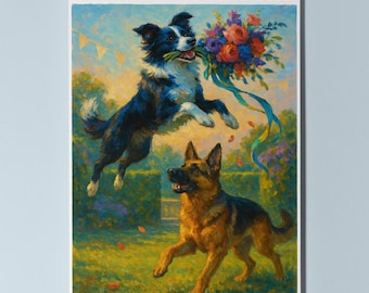 Border collie & German Shepherd Dog - Bouquet Chase On your wedding day Card - Funny Dog Breeds  Premium Greeting Card Envelope Personalised