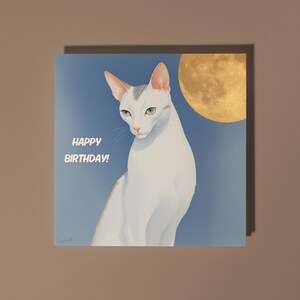 Handmade Graceful White Oriental cat with full moon Happy Birthday Card Funny Animal Card Animal Lovers Premium Greeting Card Envelope