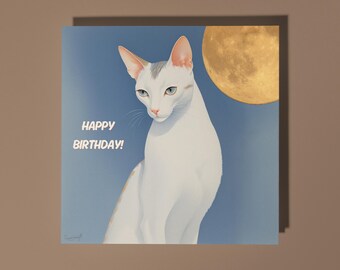 Handmade Graceful White Oriental cat with full moon Happy Birthday Card Funny Animal Card Animal Lovers Premium Greeting Card Envelope