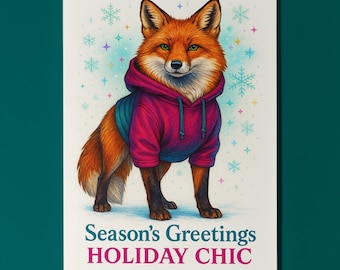 Holiday Chic Fox  Season's Greetings Card - Funny animals Premium Greeting Card and Envelope - Personalised Friends Family members