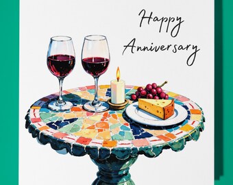 Red Wine Glasses - Happy Anniversary Card -  Premium Greeting Card and Envelope - Personalised card - Couple Husband Wife