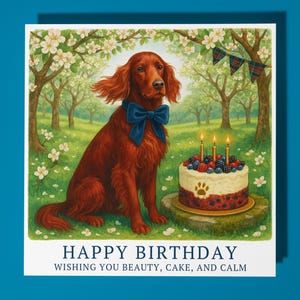 Op de afbeelding: Een verjaardagskaart met een rode Ierse Setter met een blauwe vlinderdas, zittend in een grasveld. Een versierde taart met kaarsen staat ernaast. De kaart luidt: "HAPPY BIRTHDAY, WISHING YOU BEAUTY, CAKE, AND CALM."