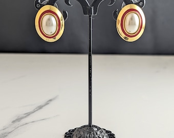 Classic Vintage Gold-tone Red Enamel Faux Pearl Studs Earrings