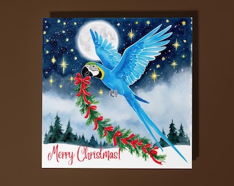 Handmade Flying Blue Macaw Parrot on Christmas Eve Merry Christmas Card Animal-Themed Holiday Card Premium Greeting Card with White Envelope