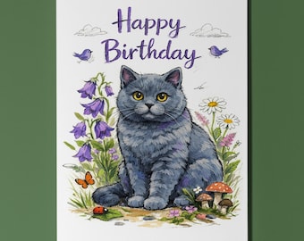 Cat Breeds Series British Shorthair: Bluebells & Birthday Wishes Happy Birthday Card Premium quality Greeting Card Envelope Personalised