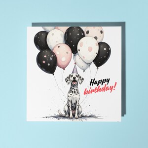 Handgefertigte Dalmatiner Geburtstagskarte mit schwarz-weißen Luftballons Happy Birthday Karte Lustig Tier Karte Tierliebhaber Premium Grußkarte Umschlag