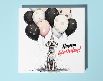 Handmade Dalmatian surrounded by black-and-white balloons Happy Birthday Card Funny Animal Card Animal Lovers Premium Greeting Card Envelope
