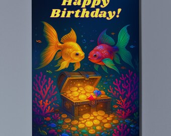 Rainbow Fish Parade Collection - Golden Goldfish Tropical Fish - Happy Birthday Card Premium Greeting Card Envelope - Personalised card