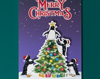 Funny Penguins Decorating the Christmas Tree - Pop 3D appliqué - Christmas card - Funny animals -  Premium Card Envelope - Personalised Card