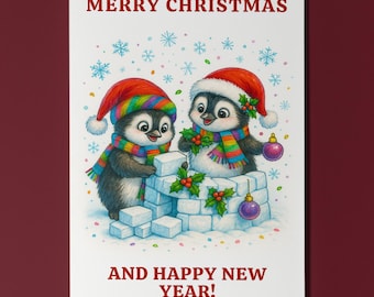 Penguins Waddle All The Way Merry Christmas and Happy New Year! Card - Premium Greeting Card and Envelope - Personalised - Family members