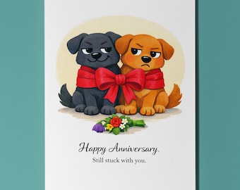 Funny Animals Collection –  Tied Together Pups Happy Anniversary Card - Premium Greeting Card Envelope - Personalised - Couples Girlfriend