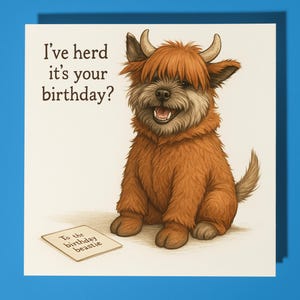 Cane Cairn Terrier in costume da mucca delle Highlands - Biglietto di auguri di buon compleanno - Biglietto di auguri premium e busta - Biglietto di auguri divertente personalizzato per cani - Amico