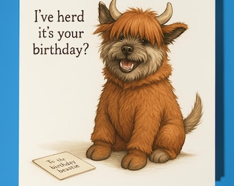 Cairn Terrier dog in a Highland cow costume - Happy Birthday Card - Premium Greeting Card & Envelope - Personalised funny dog card - Friend