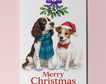 Springer Spaniel & Jack Russell Dogs Under the Mistletoe - Christmas Card - Funny Dog - Premium Greeting Card and Envelope Personalised card