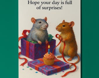 Two rats Hope your day is full of surprises - Happy Birthday Card - Funny Animal - Matte Greeting Card and Envelope - Personalised - Friends