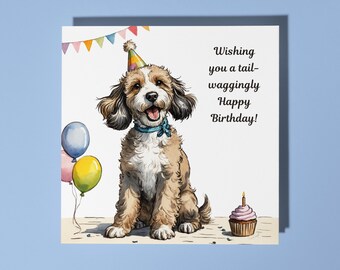 Handmade Cute Cockapoo Dog breed With Cupcake Happy Birthday Card Funny Animal Card Animal Lovers Premium Greeting Card & Envelope