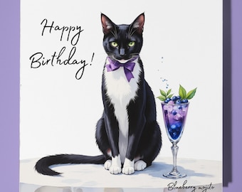 Cocktail collection - Tuxedo cat - Blueberry mojito - Happy Birthday Card - Premium Greeting Card and Envelope - Personalised card - Family