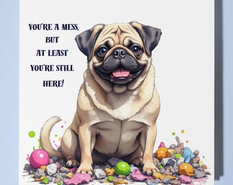 Happy pug Dog Happy Birthday Friend Card - Funny Animal Premium Greeting Card & Envelope - Personalised Dog card - Friend