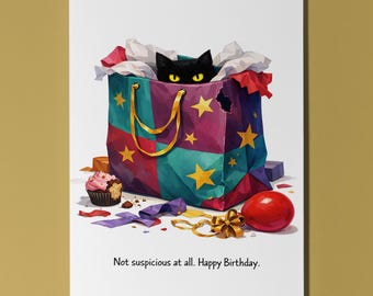 Funny Animals Collection – Not suspicious at all Black Cat Birthday Card - Premium Greeting Card Envelope - Personalised - Friends Family