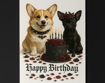 Dog Breeds Collection - Cake, Roses & Gothic Noses - Corgi Chihuahua dogs Birthday Card - Premium Greeting Card Envelope -Personalised card