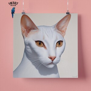 Elegante stampa artistica da parete raffigurante un gatto orientale bianco, regalo perfetto per gli amanti degli animali, 295 mm x 295 mm, carta opaca da 300 g/m², senza cornice