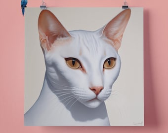Elegant White Oriental Cat Pet Portrait Wall Art Print, Perfect Gift for Pet Lovers, 295mm x 295mm, 300GSM Matte Paper, Unframed