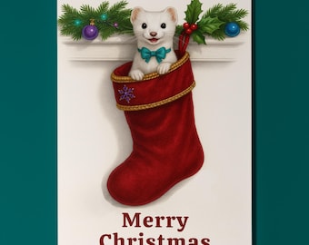 Festive Ferret - Stocking Surprise - Merry Christmas Card - Funny animals - Premium Greeting Card & Envelope - Personalised card - Friends