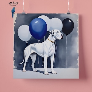 Elegante stampa artistica da parete raffigurante un cane Alano con palloncini blu, regalo perfetto per gli amanti degli animali, 295 mm x 295 mm, carta opaca da 300 g/m², senza cornice