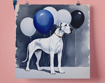 Elegant Great Dane Dog Blue Balloons Pet Portrait Wall Art Print, Perfect Gift for Pet Lovers, 295mm x 295mm, 300GSM Matte Paper, Unframed